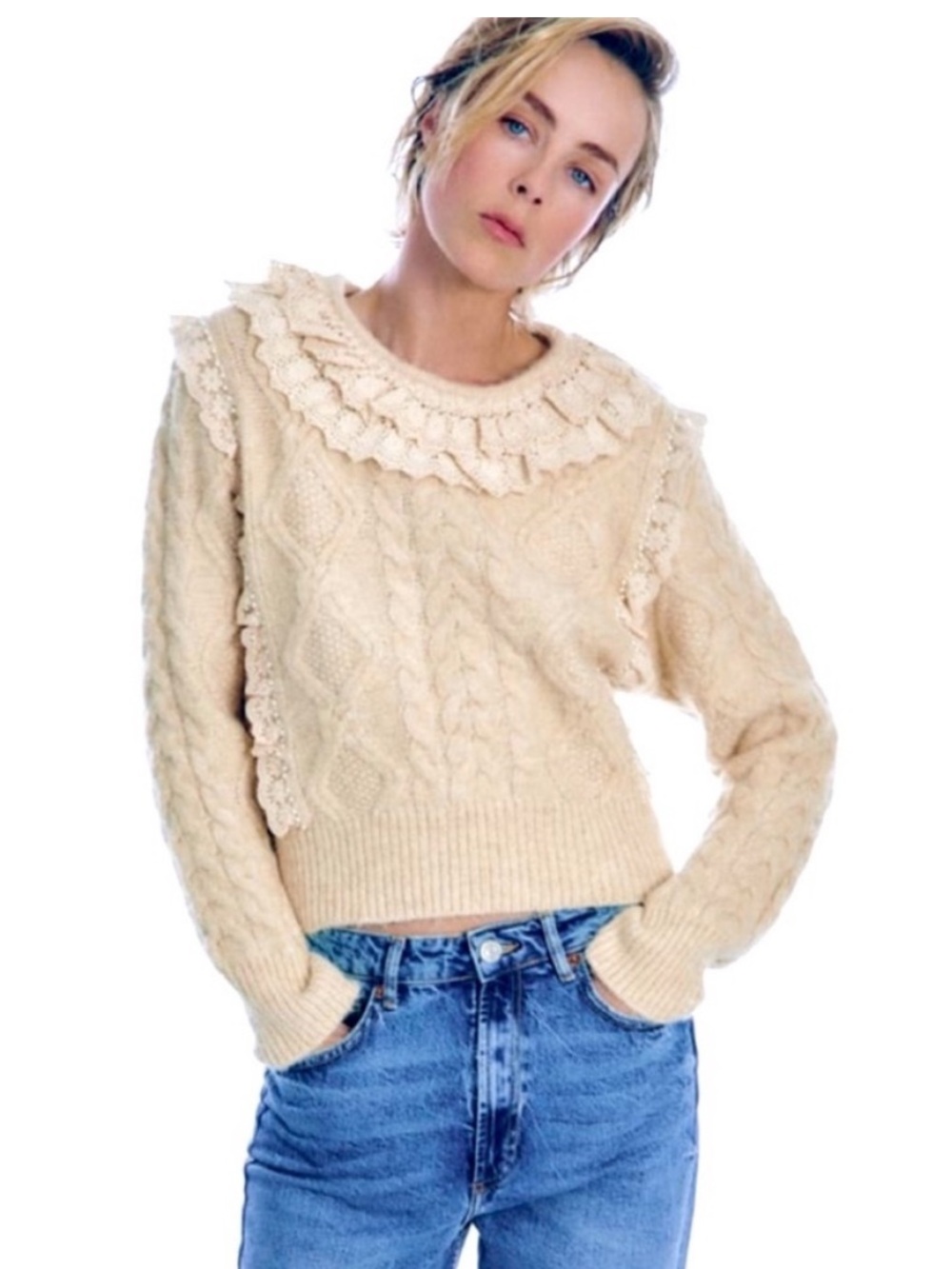 Zara Ruffled knit pearl cropped embellished fisherman sweater lace collar cable